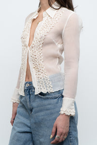 Vintage x Sheer Cream Pure Silk Ruffle Blouse (XS)