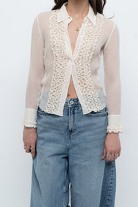 Vintage x Sheer Cream Pure Silk Ruffle Blouse (XS)