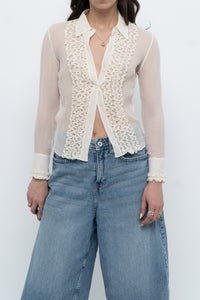 Vintage x Sheer Cream Pure Silk Ruffle Blouse (XS)