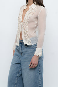 Vintage x Sheer Cream Pure Silk Ruffle Blouse (XS)