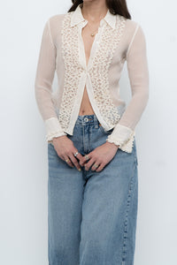 Vintage x Sheer Cream Pure Silk Ruffle Blouse (XS)