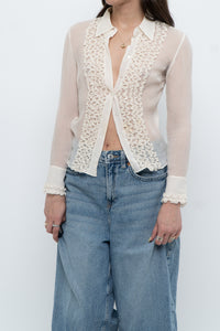 Vintage x Sheer Cream Pure Silk Ruffle Blouse (XS)