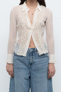 Vintage x Sheer Cream Pure Silk Ruffle Blouse (XS)