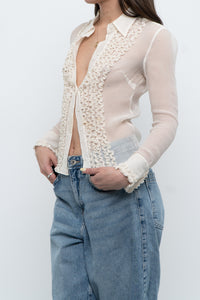 Vintage x Sheer Cream Pure Silk Ruffle Blouse (XS)