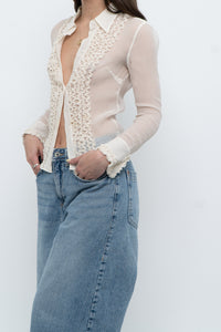Vintage x Sheer Cream Pure Silk Ruffle Blouse (XS)