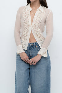 Vintage x Sheer Cream Pure Silk Ruffle Blouse (XS)