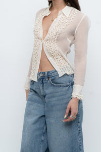 Vintage x Sheer Cream Pure Silk Ruffle Blouse (XS)