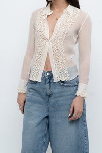 Vintage x Sheer Cream Pure Silk Ruffle Blouse (XS)