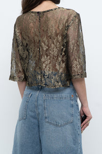 Vintage x Black, Gold Lace Sheer Cropped Buttonup (XS-M)