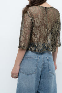 Vintage x Black, Gold Lace Sheer Cropped Buttonup (XS-M)