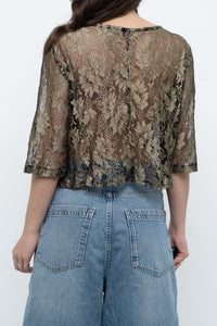 Vintage x Black, Gold Lace Sheer Cropped Buttonup (XS-M)