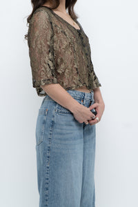 Vintage x Black, Gold Lace Sheer Cropped Buttonup (XS-M)