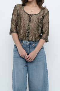 Vintage x Black, Gold Lace Sheer Cropped Buttonup (XS-M)