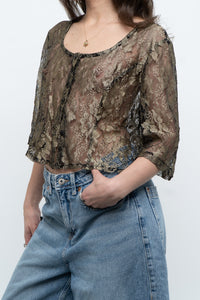Vintage x Black, Gold Lace Sheer Cropped Buttonup (XS-M)