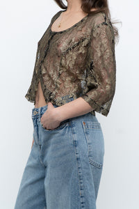 Vintage x Black, Gold Lace Sheer Cropped Buttonup (XS-M)