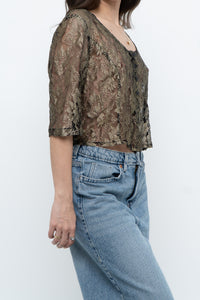Vintage x Black, Gold Lace Sheer Cropped Buttonup (XS-M)