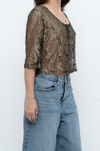 Vintage x Black, Gold Lace Sheer Cropped Buttonup (XS-M)