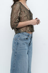 Vintage x Black, Gold Lace Sheer Cropped Buttonup (XS-M)
