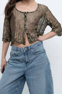 Vintage x Black, Gold Lace Sheer Cropped Buttonup (XS-M)