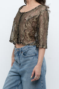 Vintage x Black, Gold Lace Sheer Cropped Buttonup (XS-M)