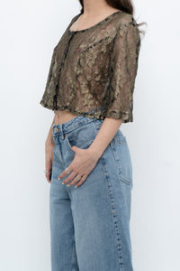 Vintage x Black, Gold Lace Sheer Cropped Buttonup (XS-M)
