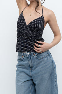 Vintage x Black Polka Dot Halter Top (S, M)
