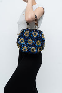 Vintage x Blue, Black Floral Beaded Purse