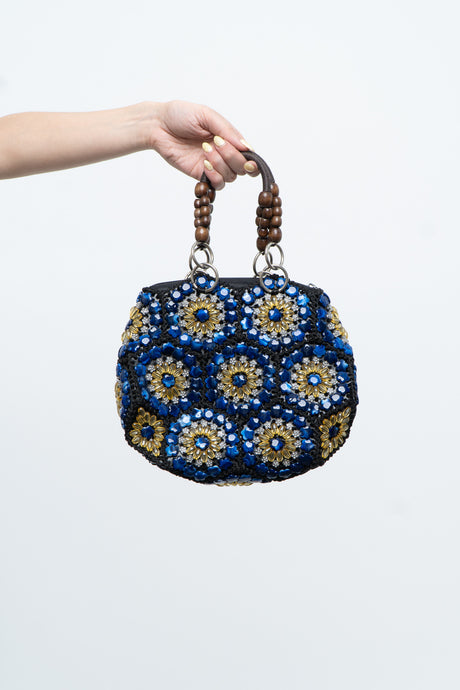 Vintage x Blue, Black Floral Beaded Purse