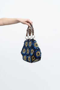 Vintage x Blue, Black Floral Beaded Purse