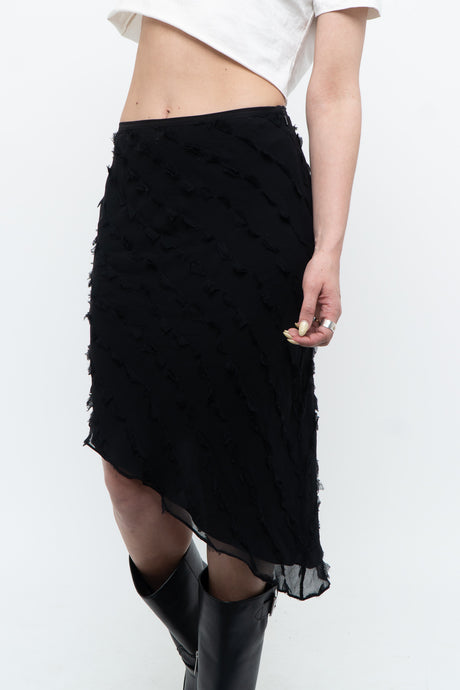 Vintage x BCBG Black Pure Silk Textured Asymetric Midi Skirt (XS, S)
