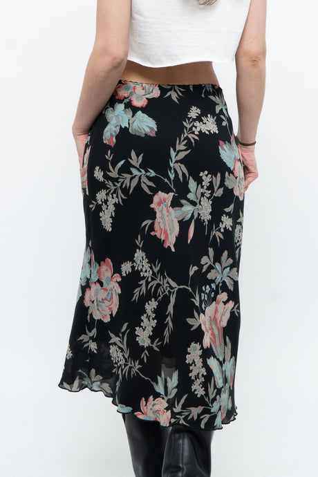 Vintage x Black, Blue Floral Midi Skirt (XS-M)