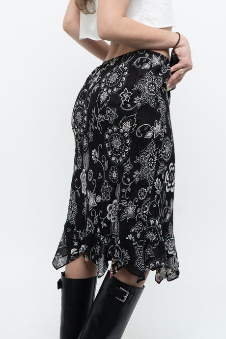 Vintage x Black Floral Reversible Midi Skirt (XS, S)