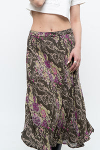 Vintage x Made in India x Olive Green Patterned Reversible Midi Skirt (XS-L)