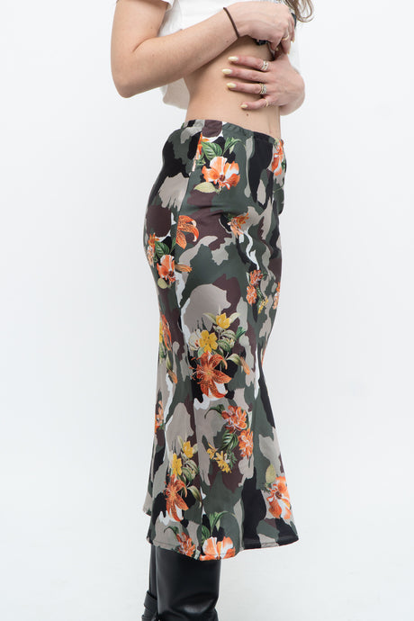 Vintage x Made in Italy x Camo, Floral Satin Midi Skirt (XS)