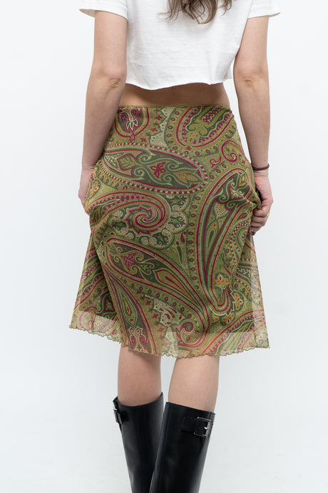 Vintage x Made in Canada x Green Paisley Mesh Lined Midi Skirt (L, XL)