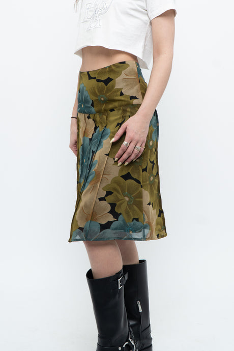 Vintage x Made in India x Green Floral Midi Skirt (S, M)