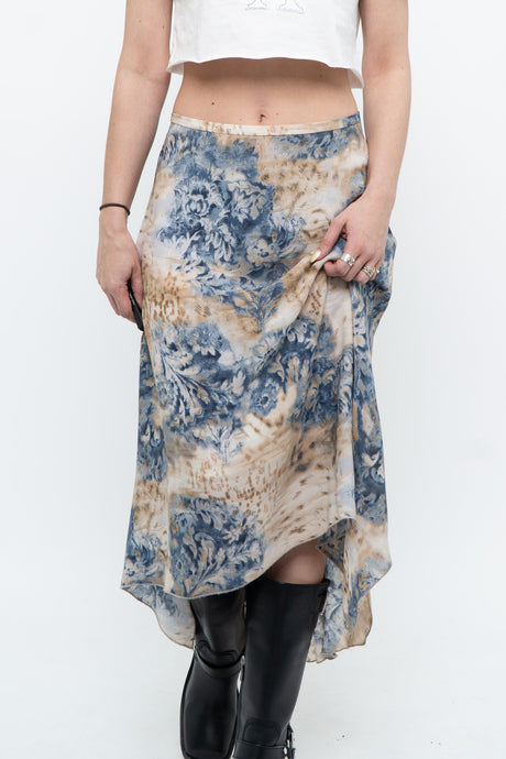 Vintage x Beige, Blue Patterned Silk Skirt (S-L)