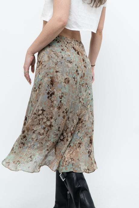 Vintage x ANNE KLEIN Teal, Brown Floral Silk Midi Skirt (XS)