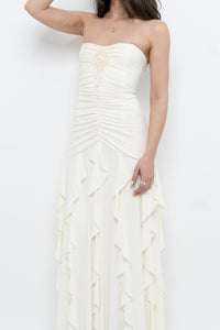 Vintage x Made in USA x BELLESSA Cream Beaded Ruffle Maxi Dress (S)