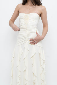 Vintage x Made in USA x BELLESSA Cream Beaded Ruffle Maxi Dress (S)