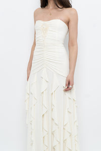 Vintage x Made in USA x BELLESSA Cream Beaded Ruffle Maxi Dress (S)