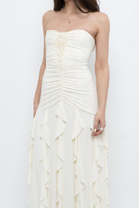 Vintage x Made in USA x BELLESSA Cream Beaded Ruffle Maxi Dress (S)