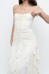 Vintage x Made in USA x BELLESSA Cream Beaded Ruffle Maxi Dress (S)