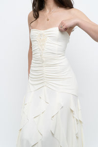 Vintage x Made in USA x BELLESSA Cream Beaded Ruffle Maxi Dress (S)