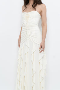 Vintage x Made in USA x BELLESSA Cream Beaded Ruffle Maxi Dress (S)
