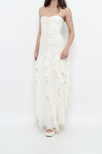 Vintage x Made in USA x BELLESSA Cream Beaded Ruffle Maxi Dress (S)