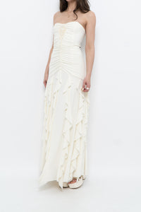 Vintage x Made in USA x BELLESSA Cream Beaded Ruffle Maxi Dress (S)
