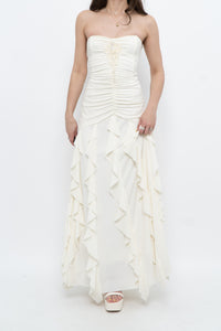 Vintage x Made in USA x BELLESSA Cream Beaded Ruffle Maxi Dress (S)