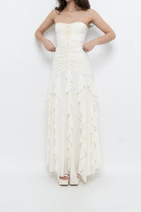 Vintage x Made in USA x BELLESSA Cream Beaded Ruffle Maxi Dress (S)