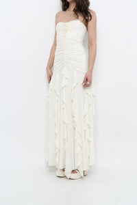 Vintage x Made in USA x BELLESSA Cream Beaded Ruffle Maxi Dress (S)